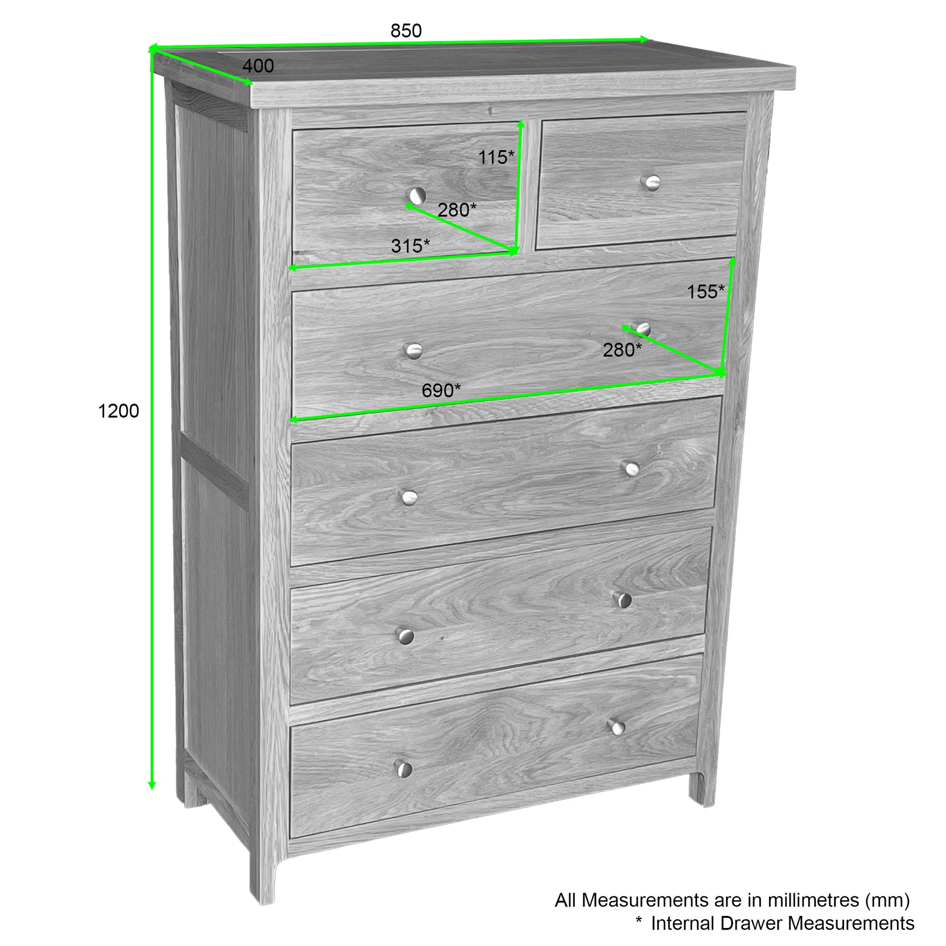 Como 6 Drawer Chest – Solid American Oak Frame (85cm Wide)
