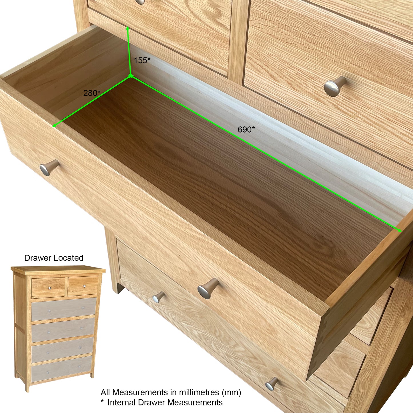 Como 6 Drawer Chest – Solid American Oak Frame (85cm Wide)