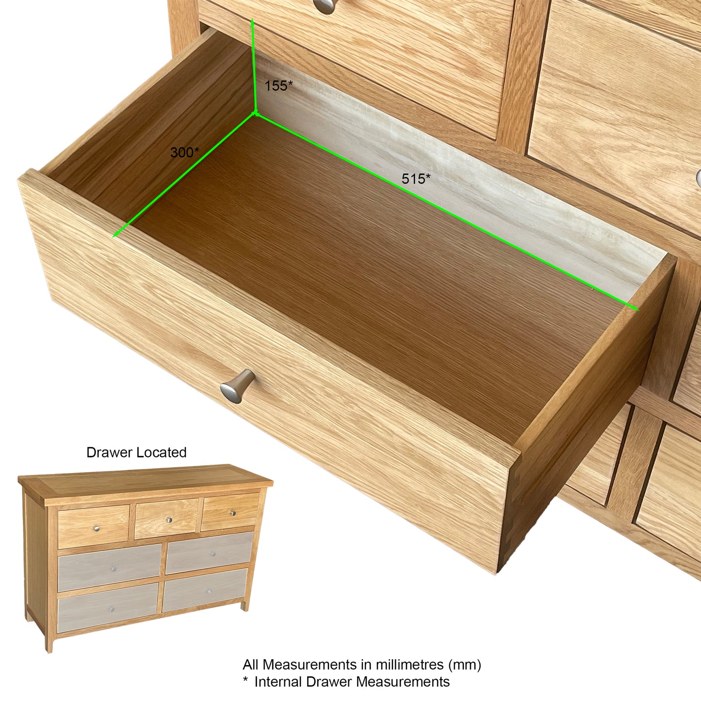 Como 7 Drawer Chest. Solid American Oak & Oak Veneer. 7 Drawers