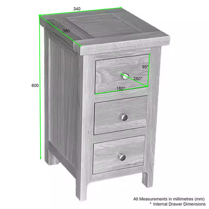 Como Narrow Bedside Cabinet. Solid American Oak Frame. 3 Drawers