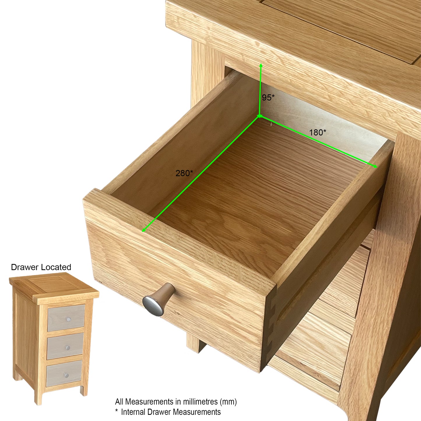 Como Narrow Bedside Cabinet. Solid American Oak Frame. 3 Drawers