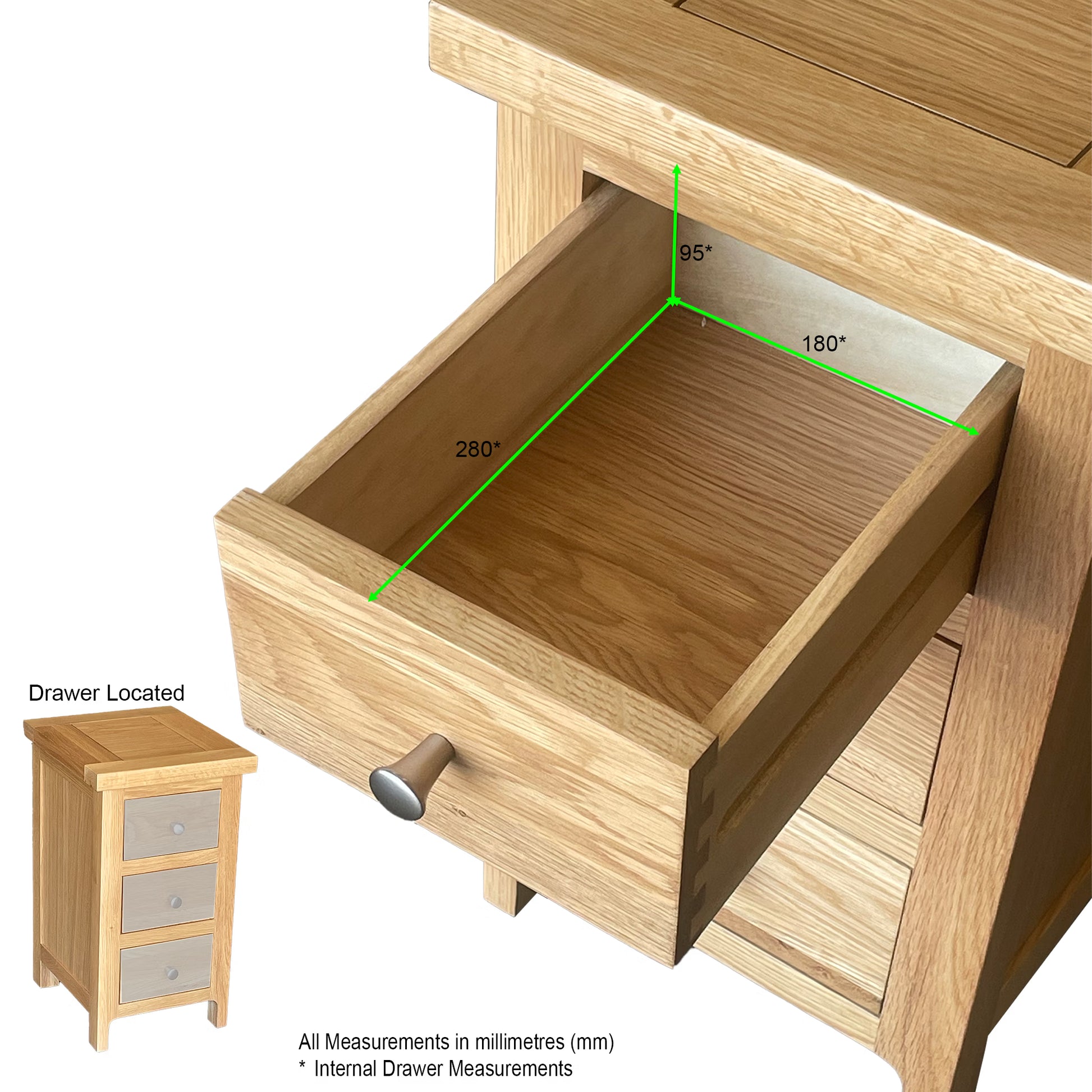 Como Narrow Bedside Cabinet. Solid American Oak Frame. 3 Drawers