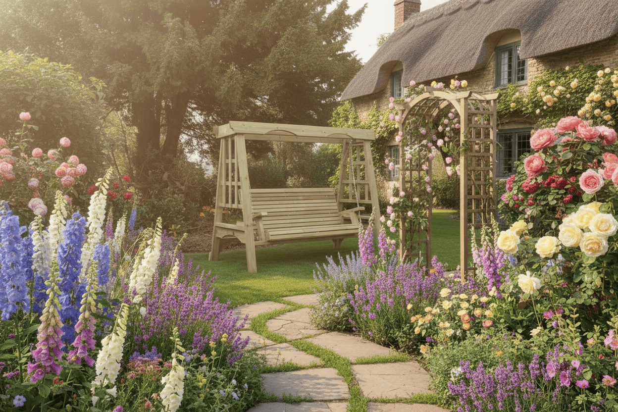 Cottage 3 Seater Garden Swing in cottage garden with traditional English cottage background