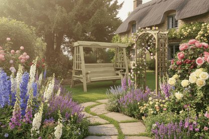 Cottage 3 Seater Garden Swing in cottage garden with traditional English cottage background