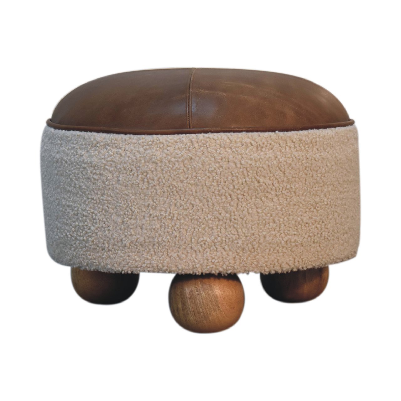 Cream Boucle Buffalo Footstool. 100% Solid Mango Wood