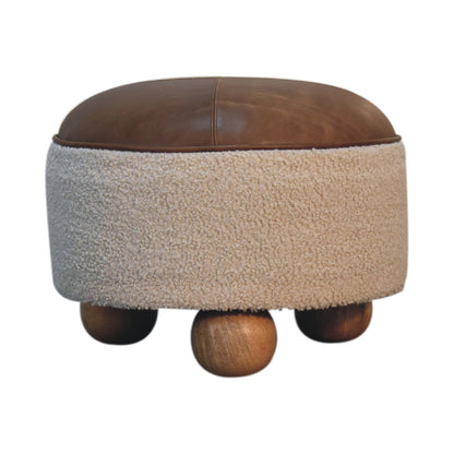 Cream Boucle Buffalo Footstool. 100% Solid Mango Wood