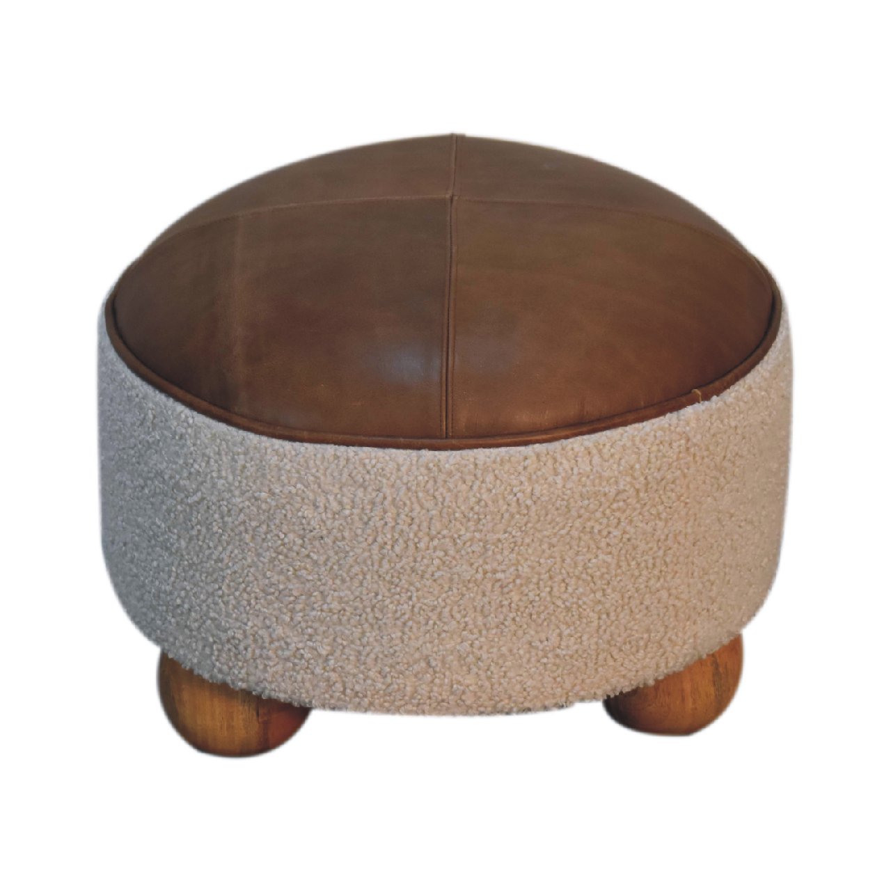 Cream Boucle Buffalo Footstool. 100% Solid Mango Wood