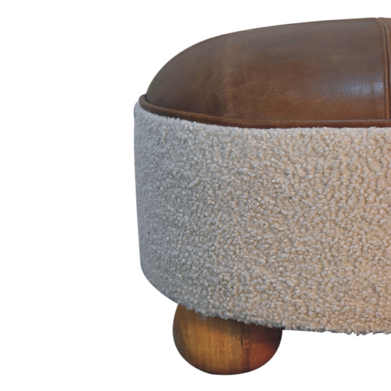 Cream Boucle Buffalo Footstool. 100% Solid Mango Wood
