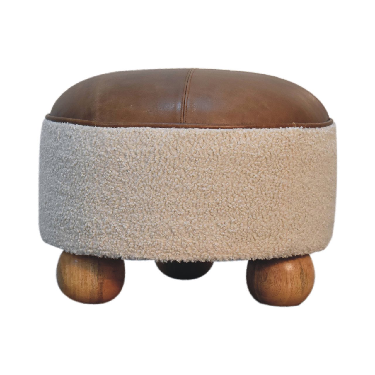 Cream Boucle Buffalo Footstool. 100% Solid Mango Wood