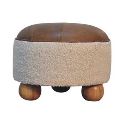 Cream Boucle Buffalo Footstool. 100% Solid Mango Wood