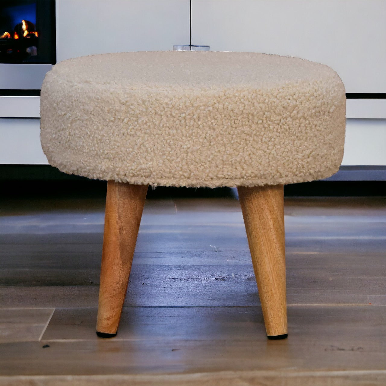 Cream Boucle Petite Footstool. 100% Solid Mango Wood