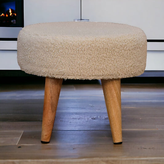 Cream Boucle Petite Footstool. 100% Solid Mango Wood