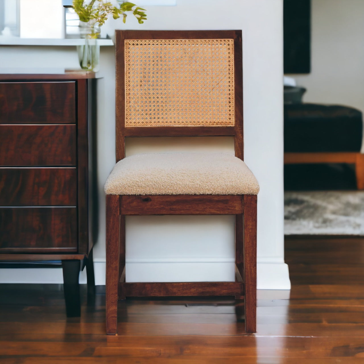 Cream Boucle Rattan Chair. 100% Solid Mango Wood