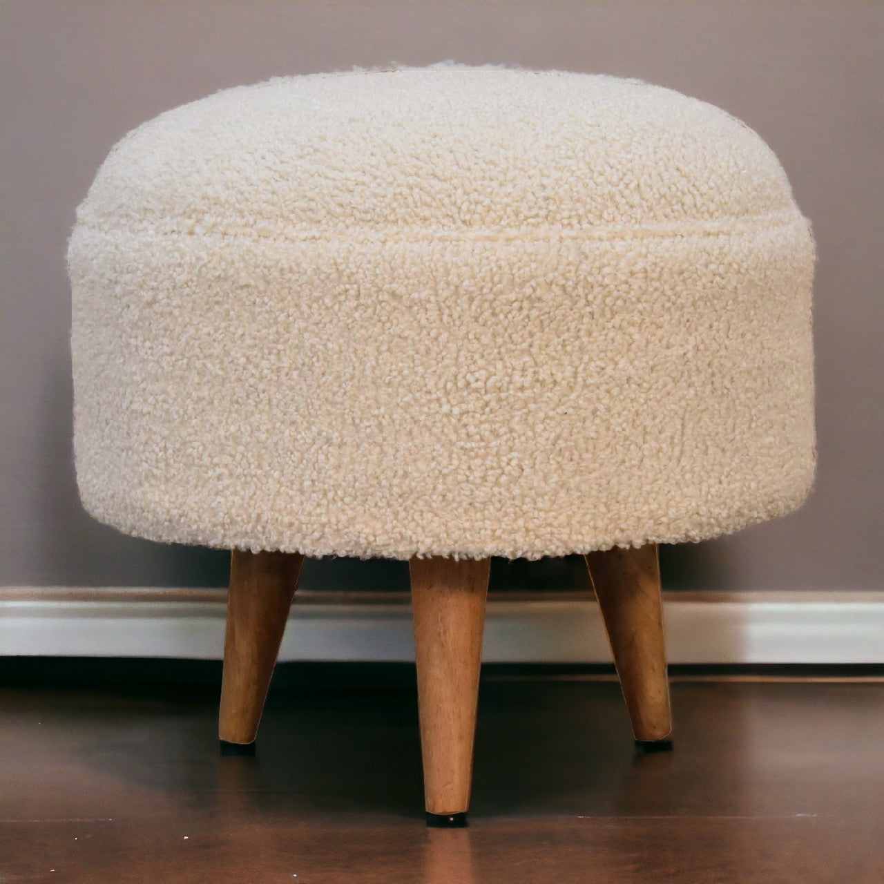 Cream Boucle Rounded Footstool. 100% Solid Mango Wood