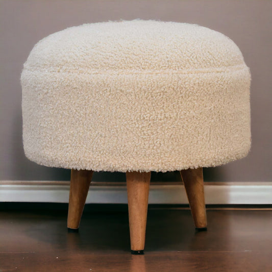 Cream Boucle Rounded Footstool. 100% Solid Mango Wood