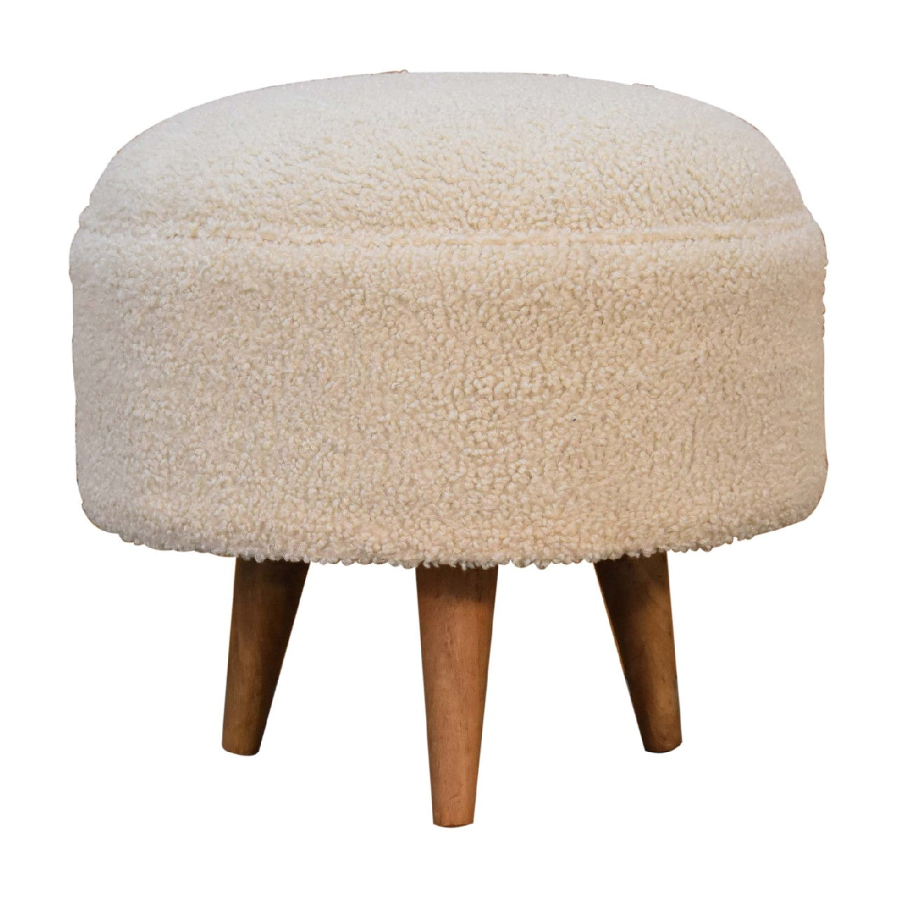 Cream Boucle Rounded Footstool. 100% Solid Mango Wood