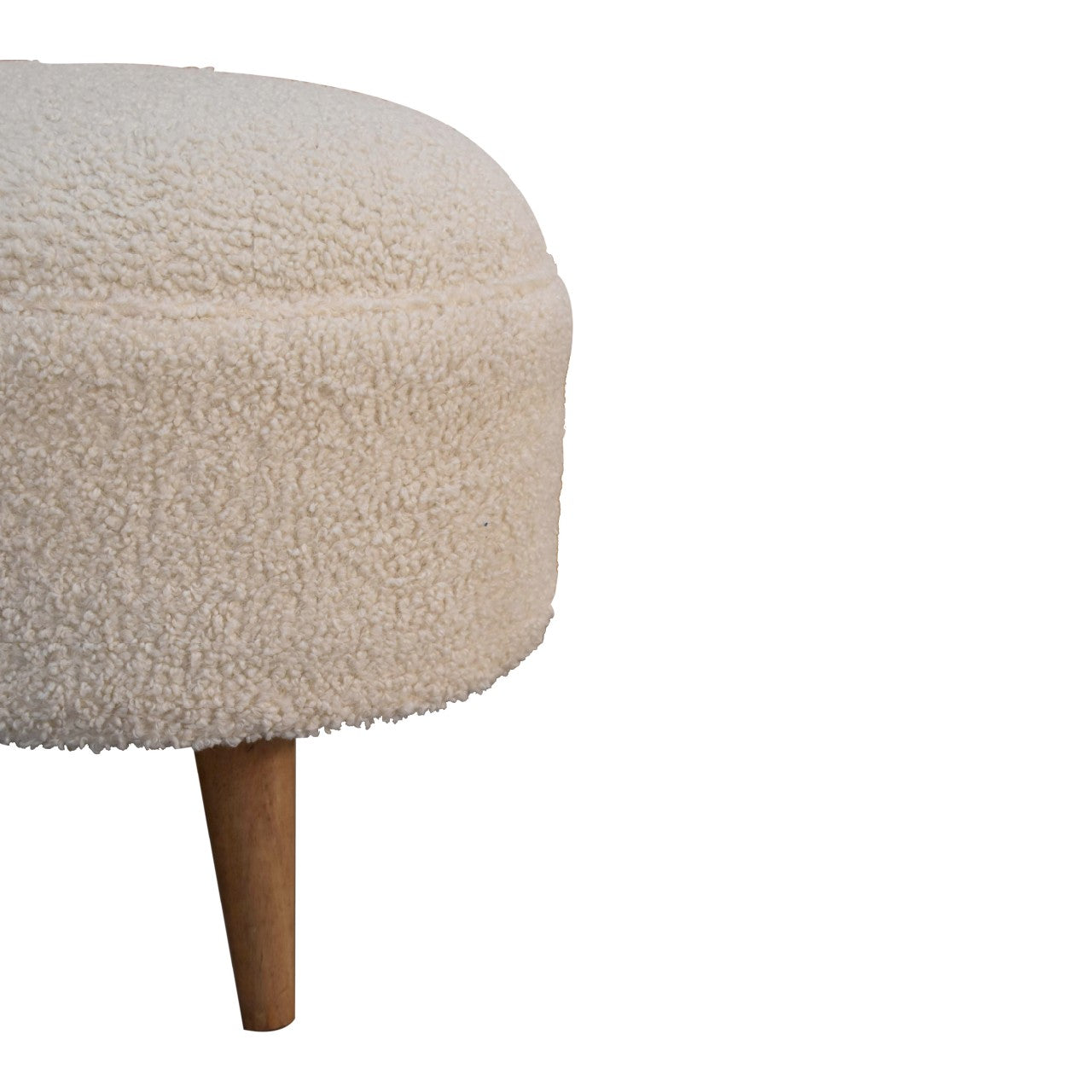 Cream Boucle Rounded Footstool. 100% Solid Mango Wood