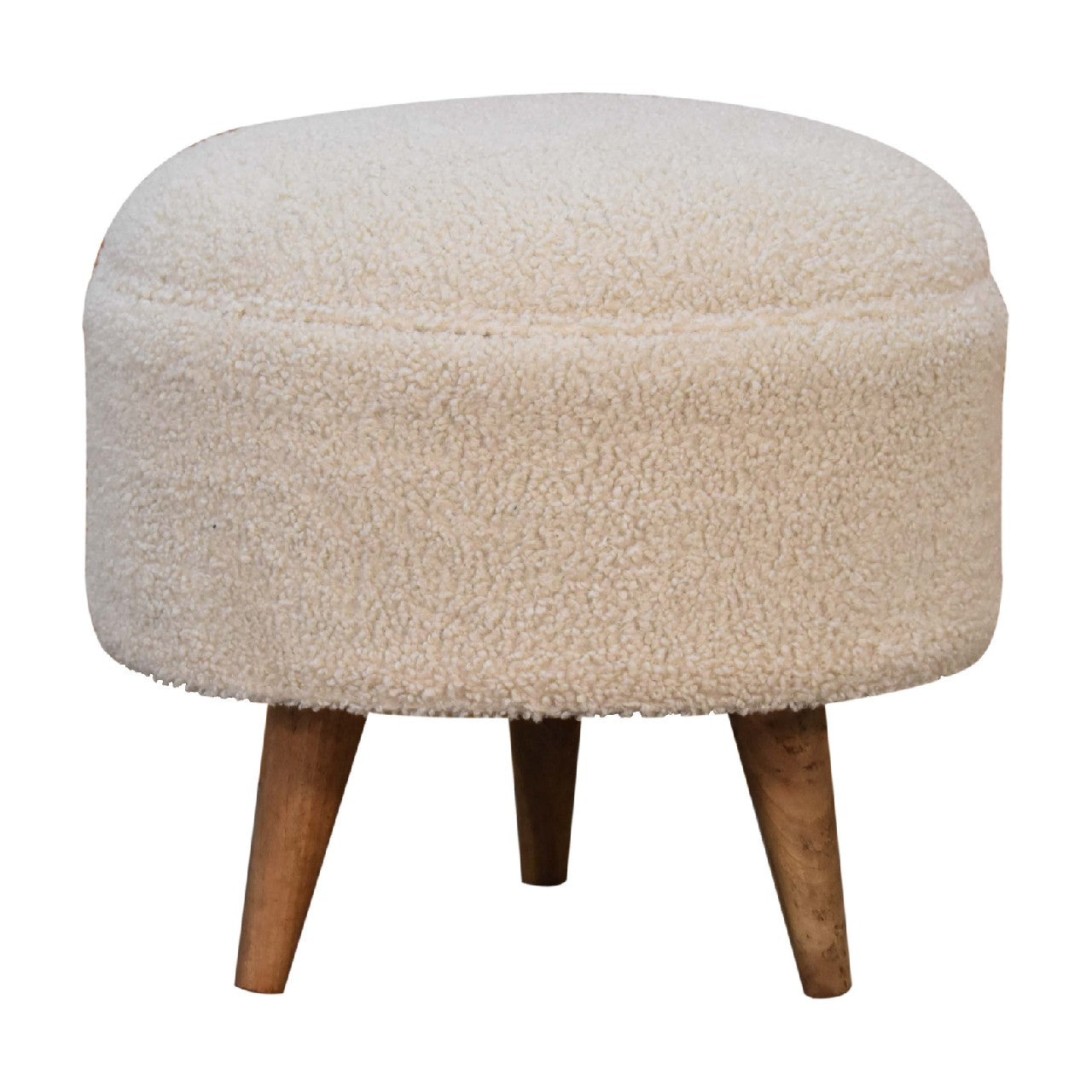 Cream Boucle Rounded Footstool. 100% Solid Mango Wood