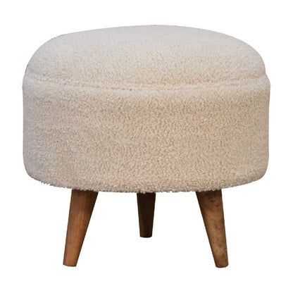 Cream Boucle Rounded Footstool. 100% Solid Mango Wood