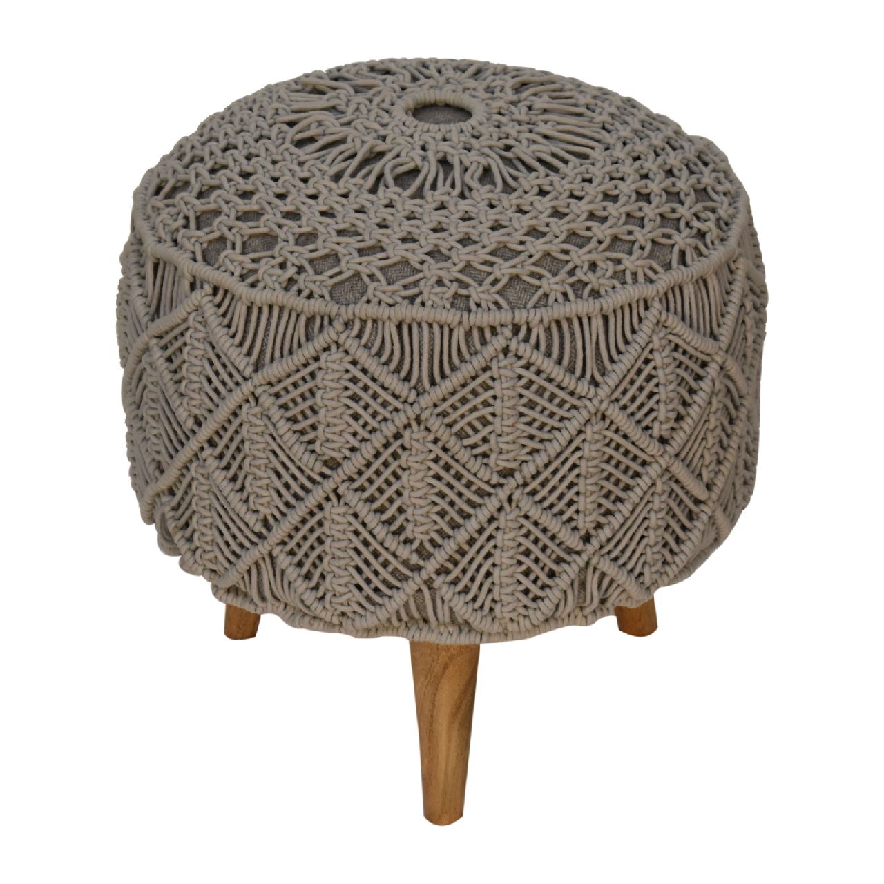 Crotchet Grey Footstool. 100% Solid Mango Wood