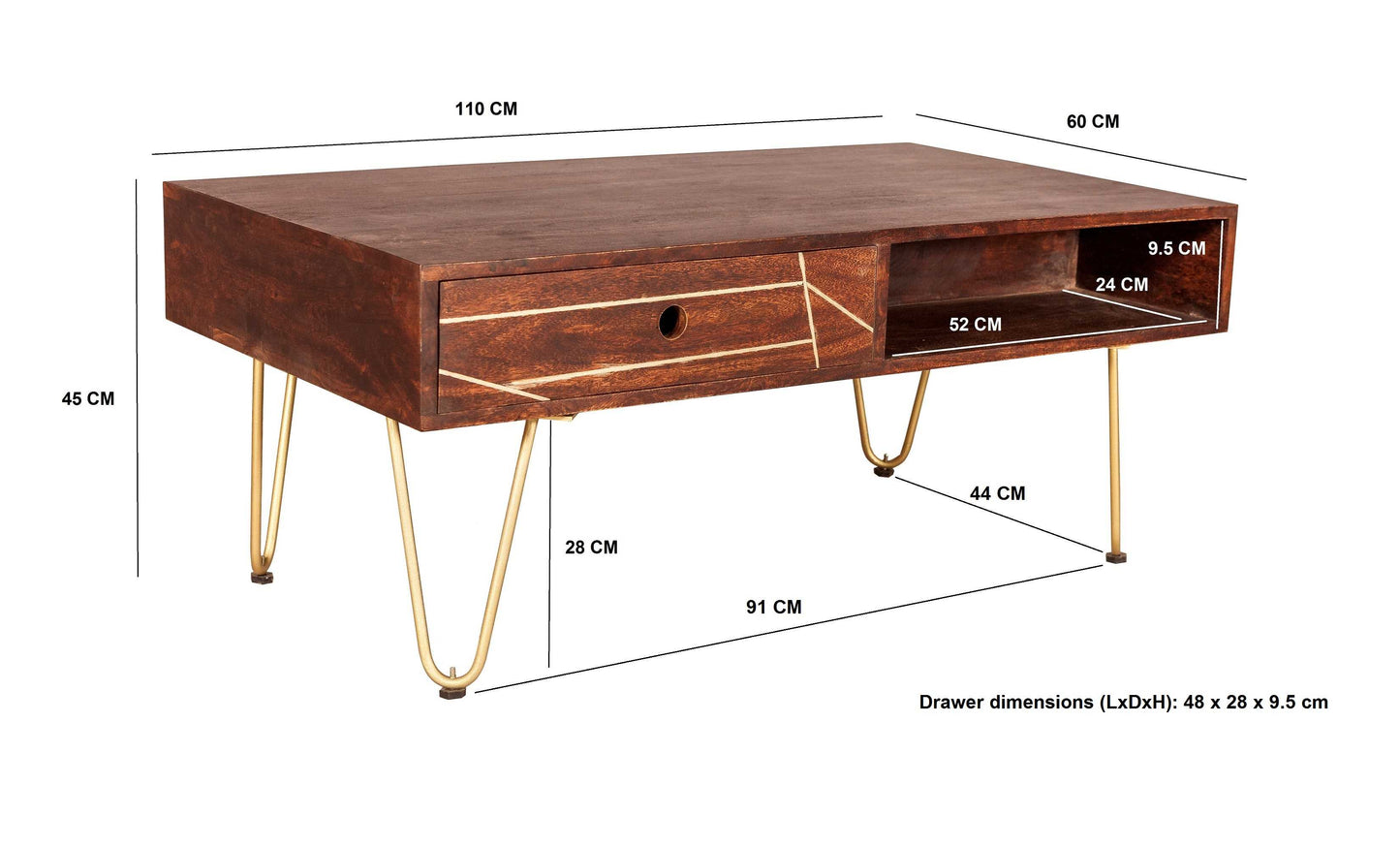 Dark Gold Coffee Table. 100% Solid Mango Wood