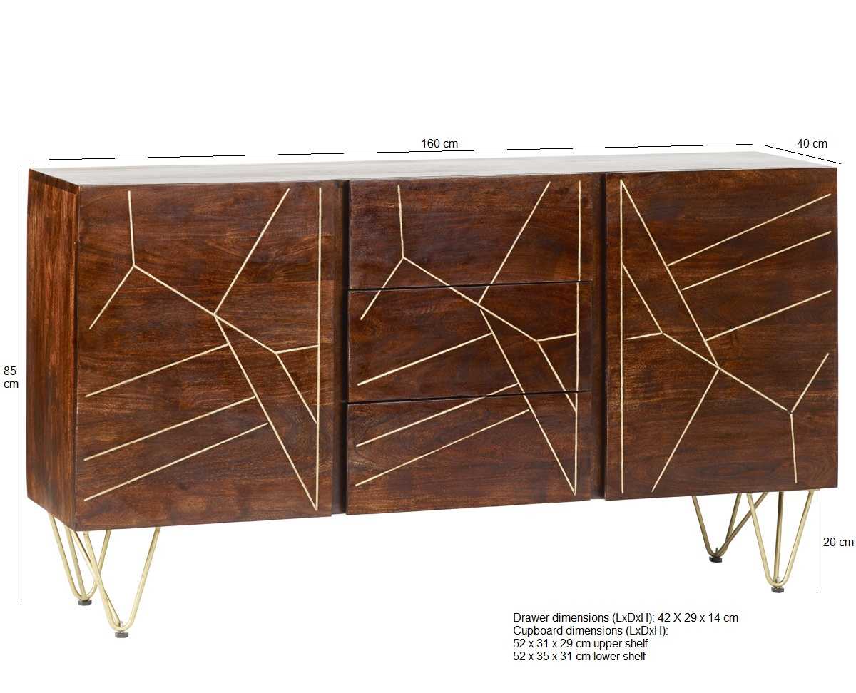 Dark Gold Large Sideboard. 100% Solid Mango Wood.