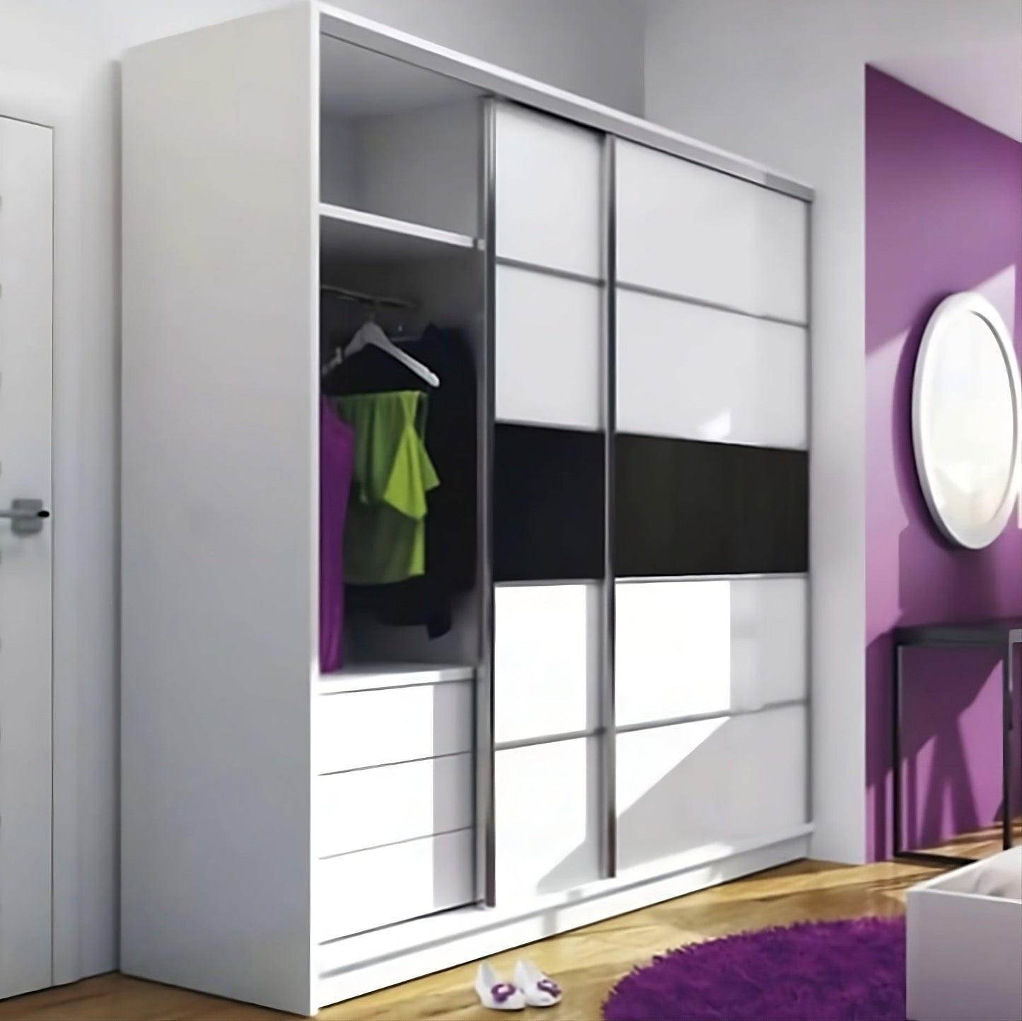 Bold Sophistication: Dubai 226cm Sliding Wardrobe in White with Black Glass Accent