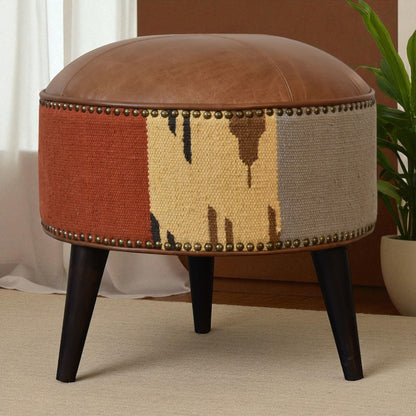 Durrie & Leather Mixed Footstool. 100% Solid Mango Wood