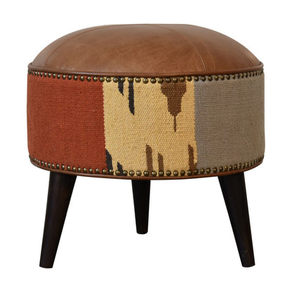 Durrie & Leather Mixed Footstool. 100% Solid Mango Wood
