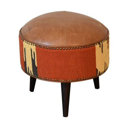 Durrie & Leather Mixed Footstool. 100% Solid Mango Wood