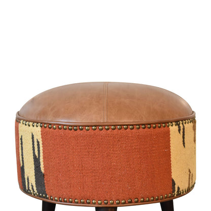 Durrie & Leather Mixed Footstool. 100% Solid Mango Wood