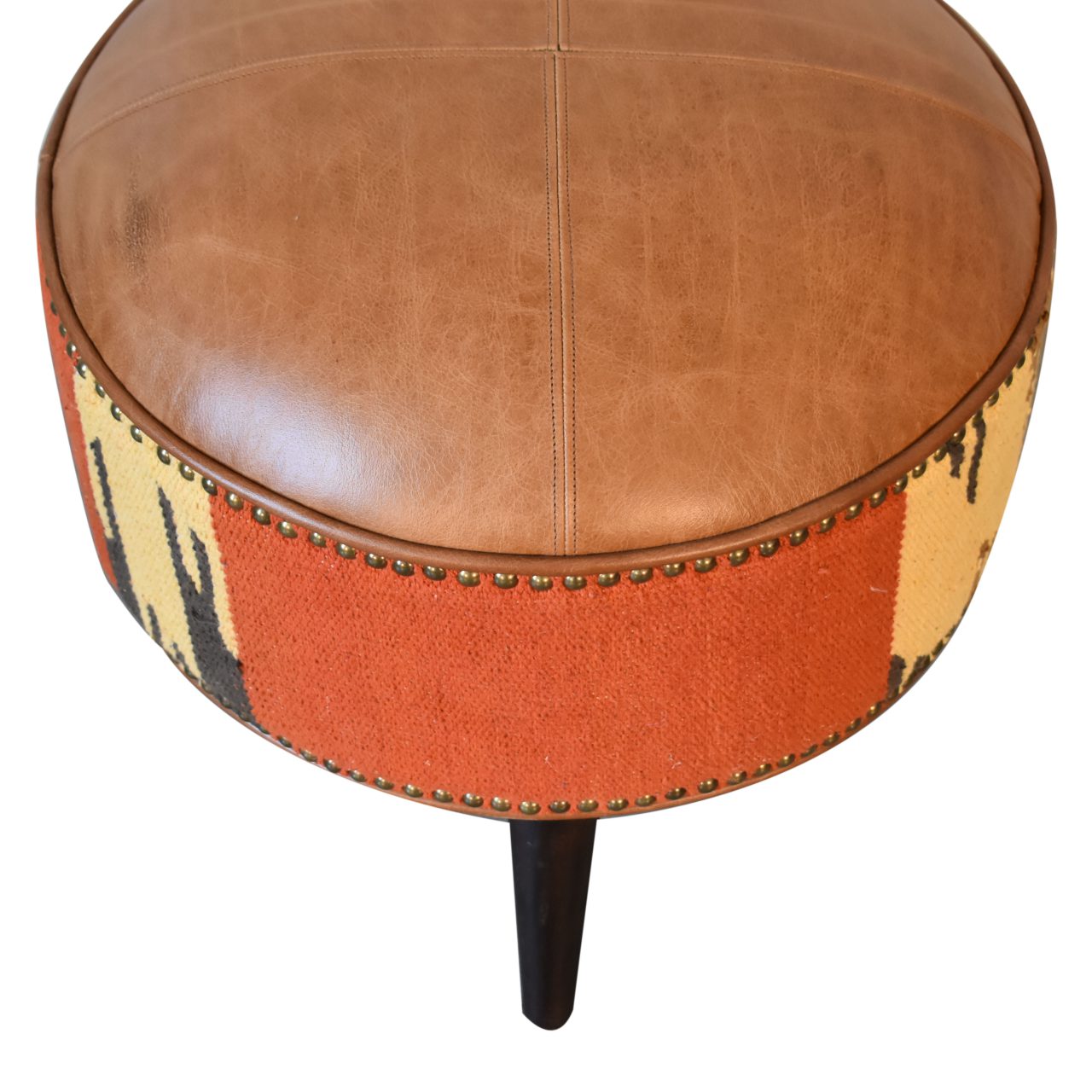 Durrie & Leather Mixed Footstool. 100% Solid Mango Wood
