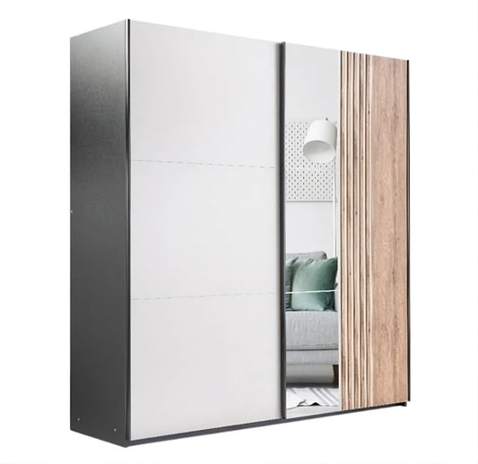 Evora 203cm Sliding Wardrobe - Mirror, Cashmere & Oak-Effect Slats with Black Frame