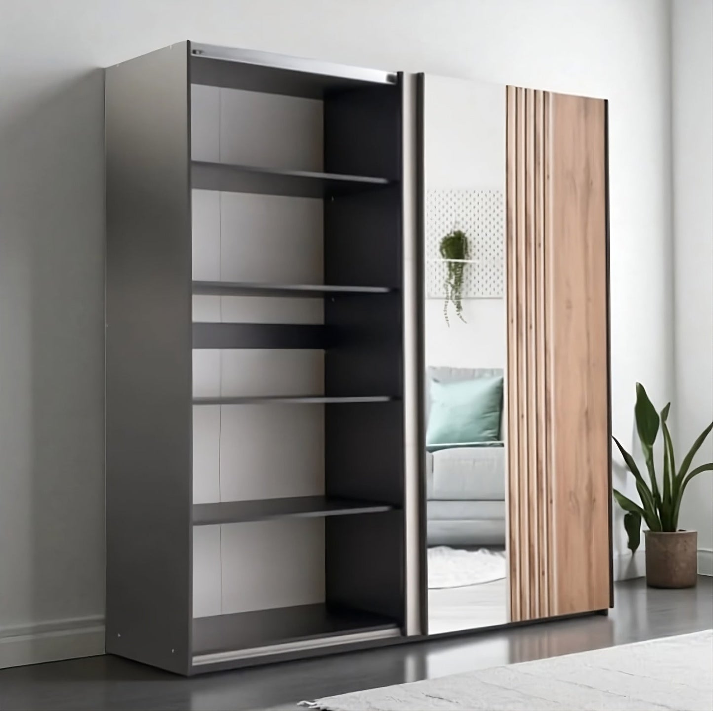 Evora 203cm Sliding Wardrobe - Mirror, Cashmere & Oak-Effect Slats with Black Frame