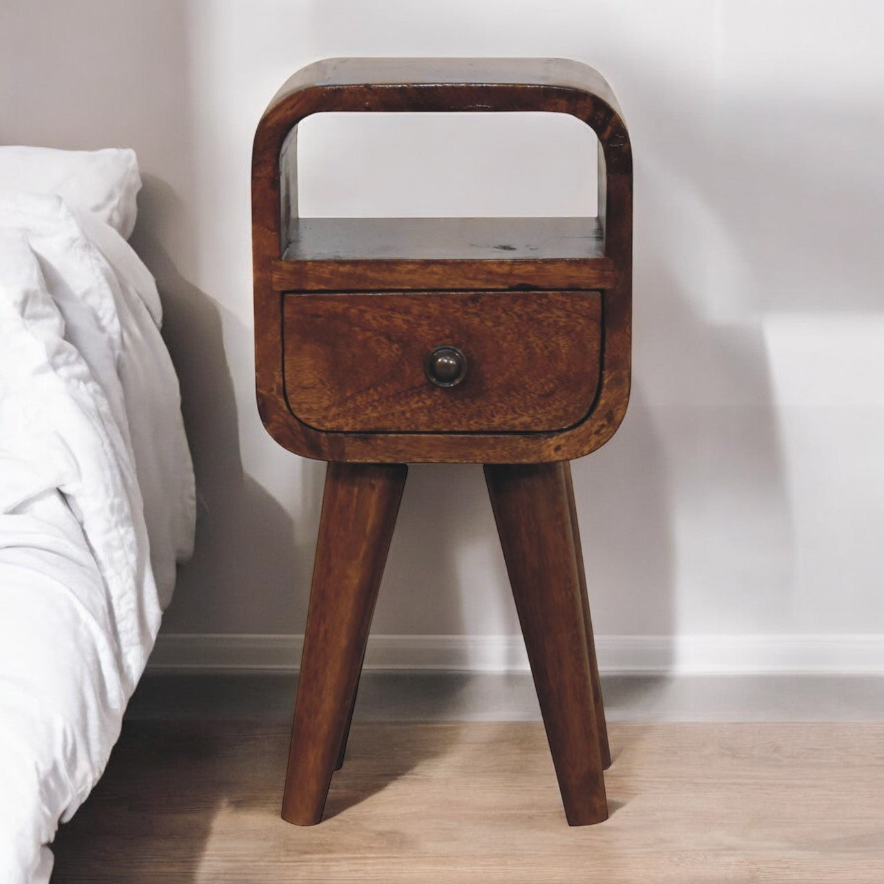 Extra Mini Chestnut Curve  Bedside. 100% Solid Mango Wood