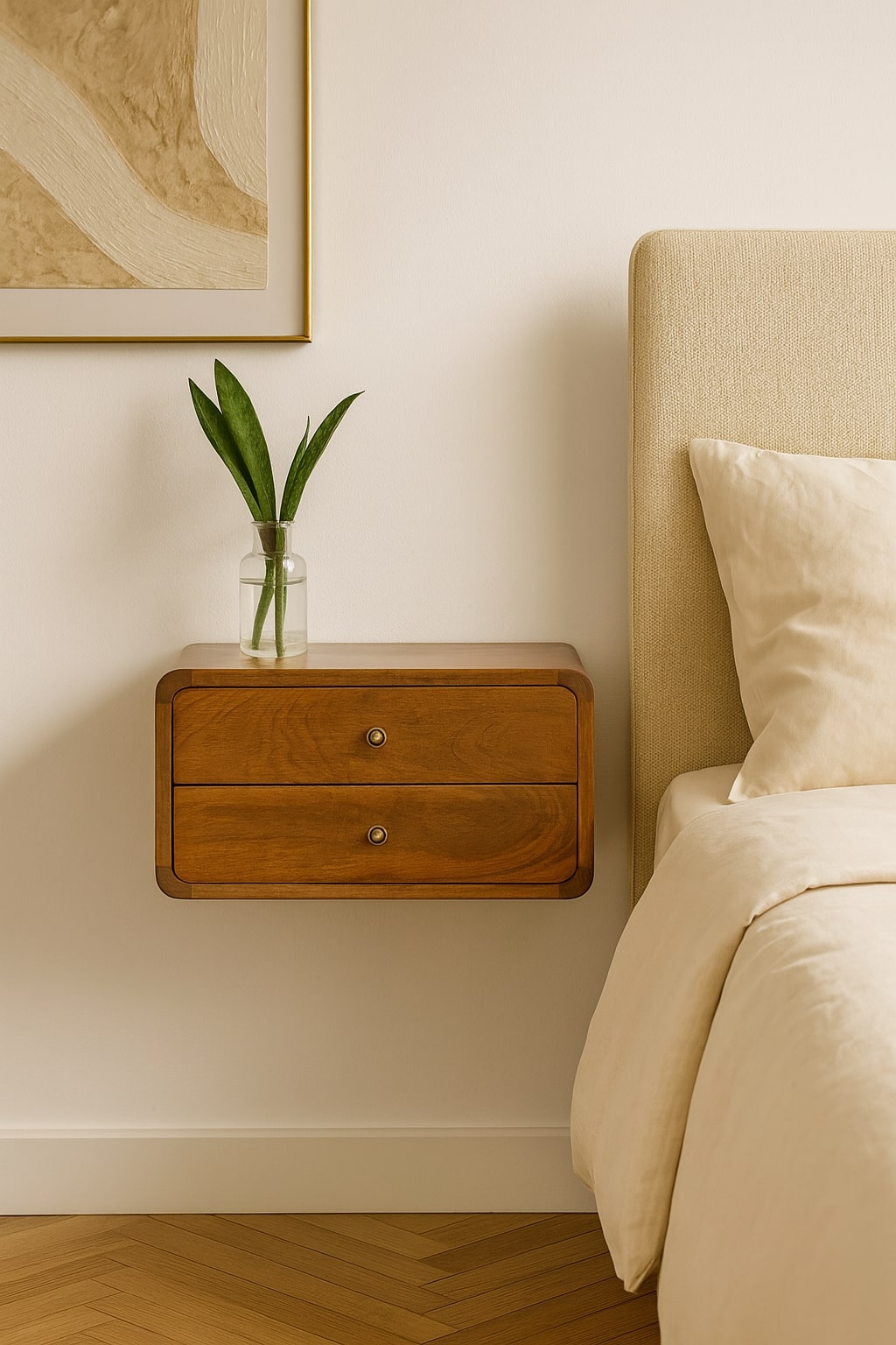 Floating Curved Chestnut Bedside Table 100% Solid Mango Wood