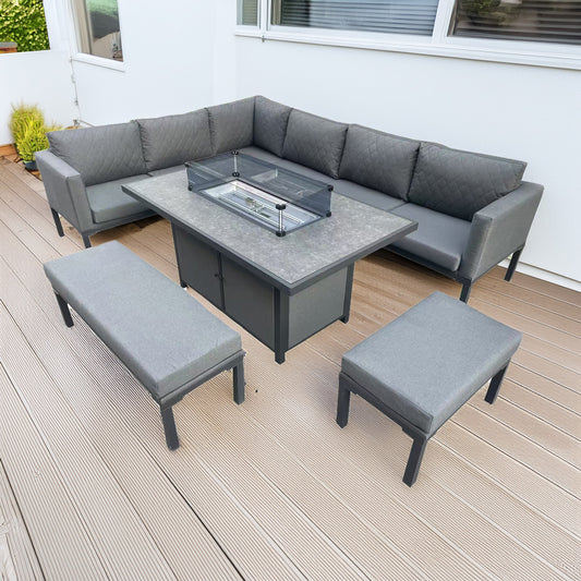 Corner Sofa Set, 2 Benches and Firepit. Grey or Beige