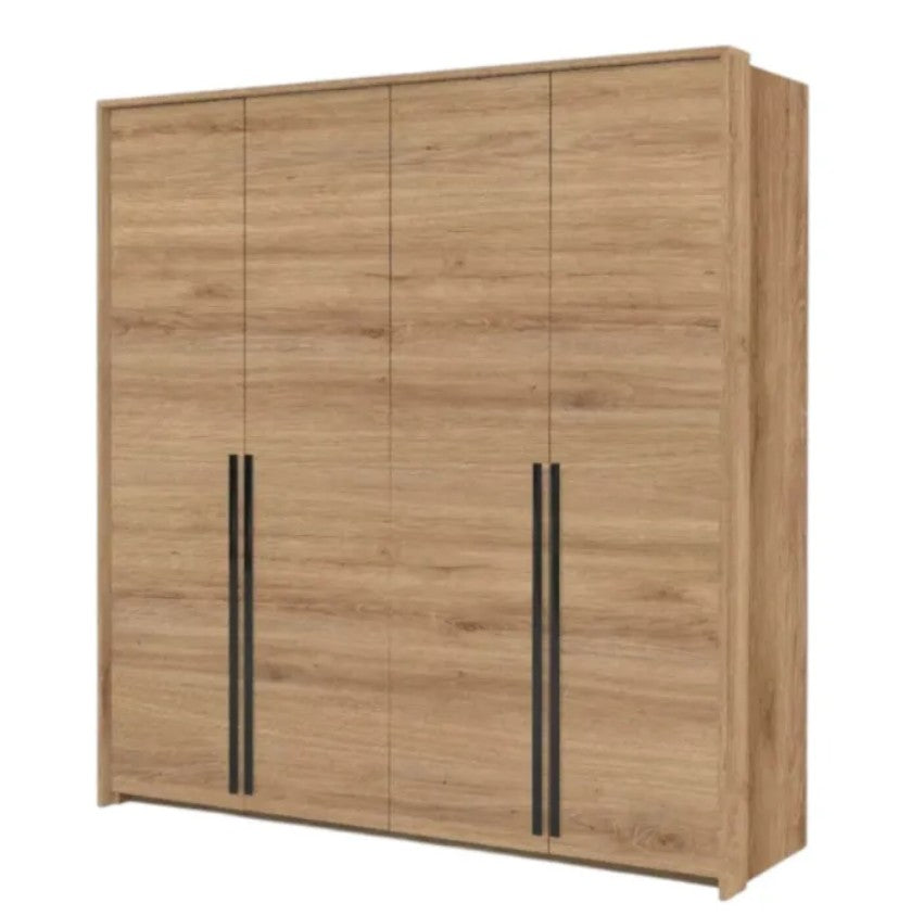 Genua 4-Door Wardrobe - Wild Oak with Black Handles, Modern Rustic Storage 210cm