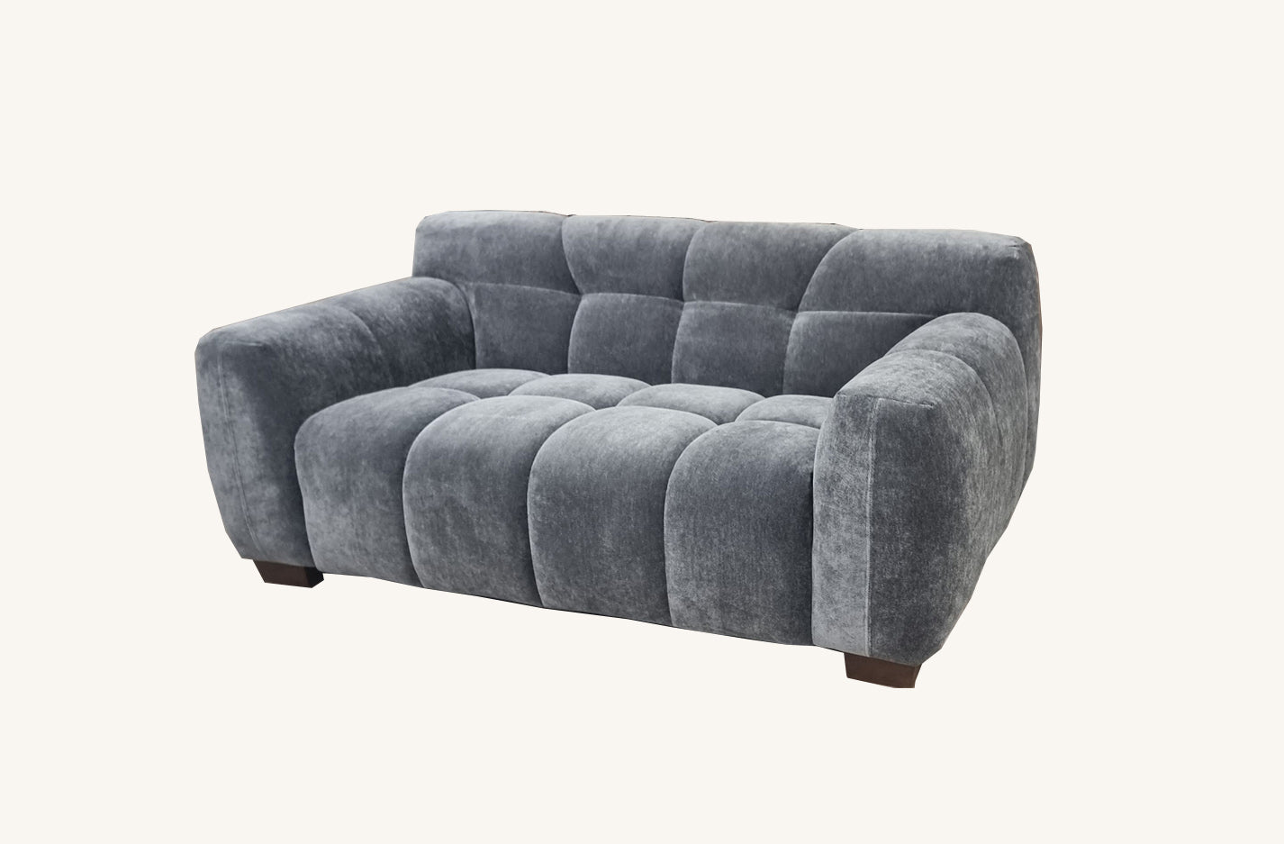 front view of the Aluxo Harlem Grey Steel Velvet 3 seater Sofa in bubble sofa style.
