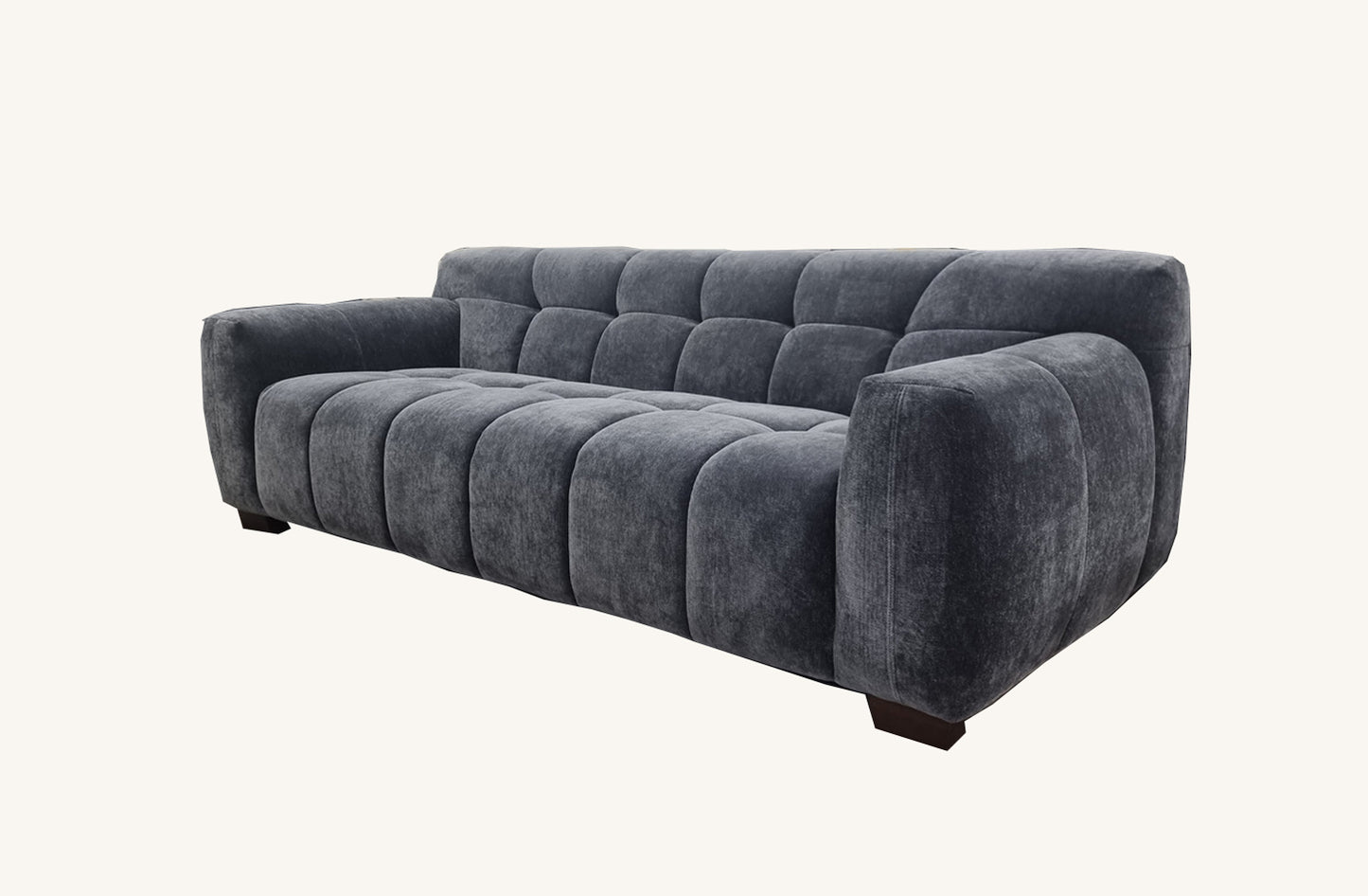 front view of the Aluxo Harlem Grey Steel Velvet 3 seater Sofa in bubble sofa style.