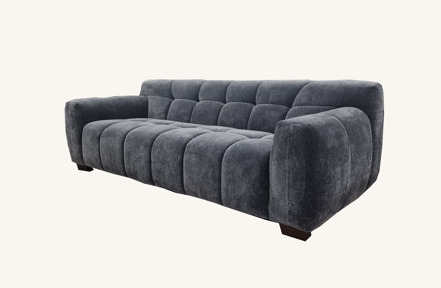 front view of the Aluxo Harlem Grey Steel Velvet 3 seater Sofa in bubble sofa style.