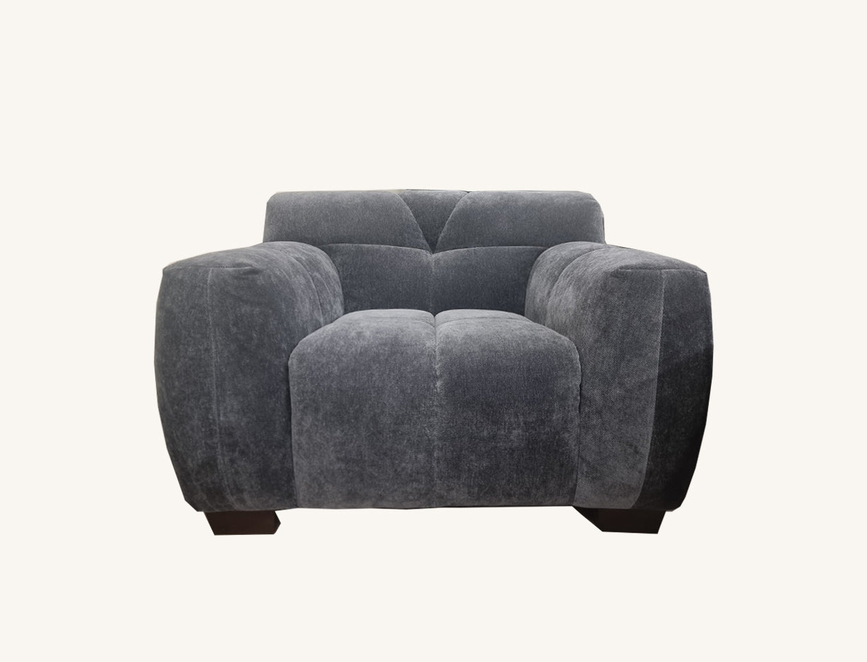Thee Aluxo Harlem Grey Steel Velvet arm chair in bubble sofa style.