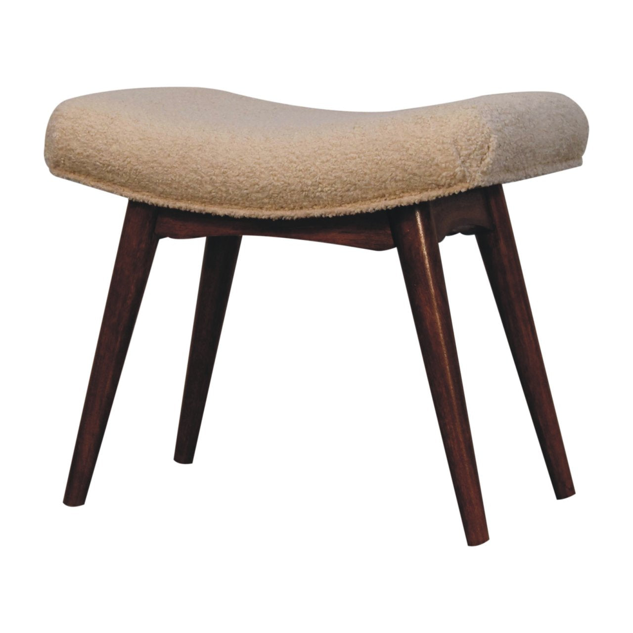 Honey Caramel Boucle Cream Curved Bench. 100% Solid Mango Wood