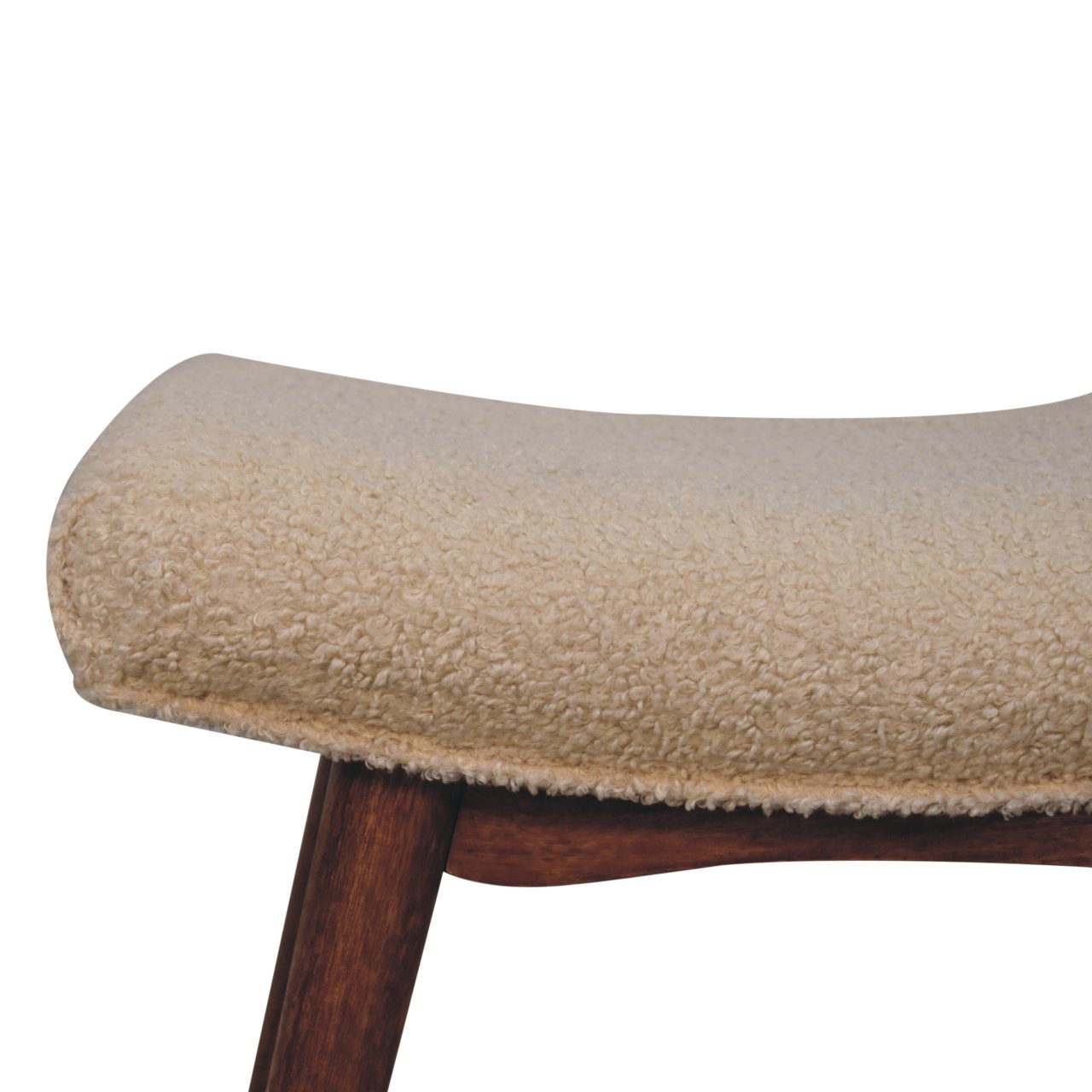 Honey Caramel Boucle Cream Curved Bench. 100% Solid Mango Wood