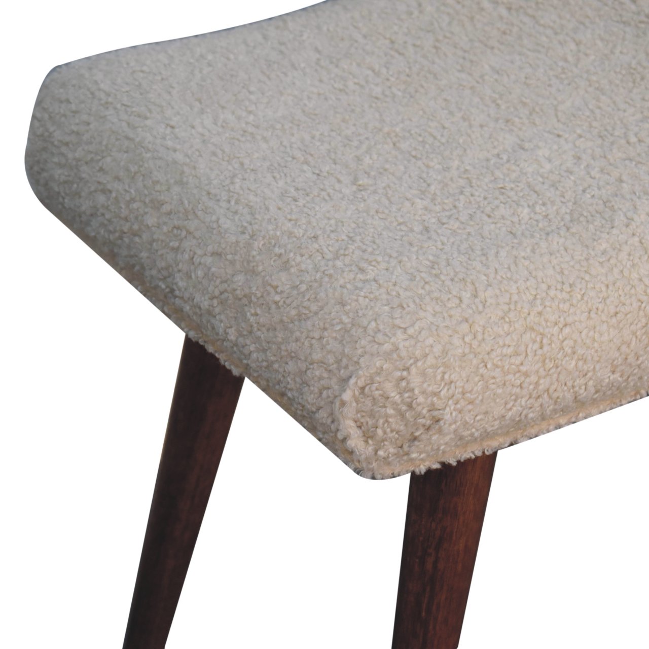 Honey Caramel Boucle Cream Curved Bench. 100% Solid Mango Wood