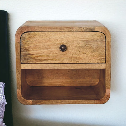 Mini Oak-ish Floating Open Bedside table with Drawer 100% Solid Mango Wood