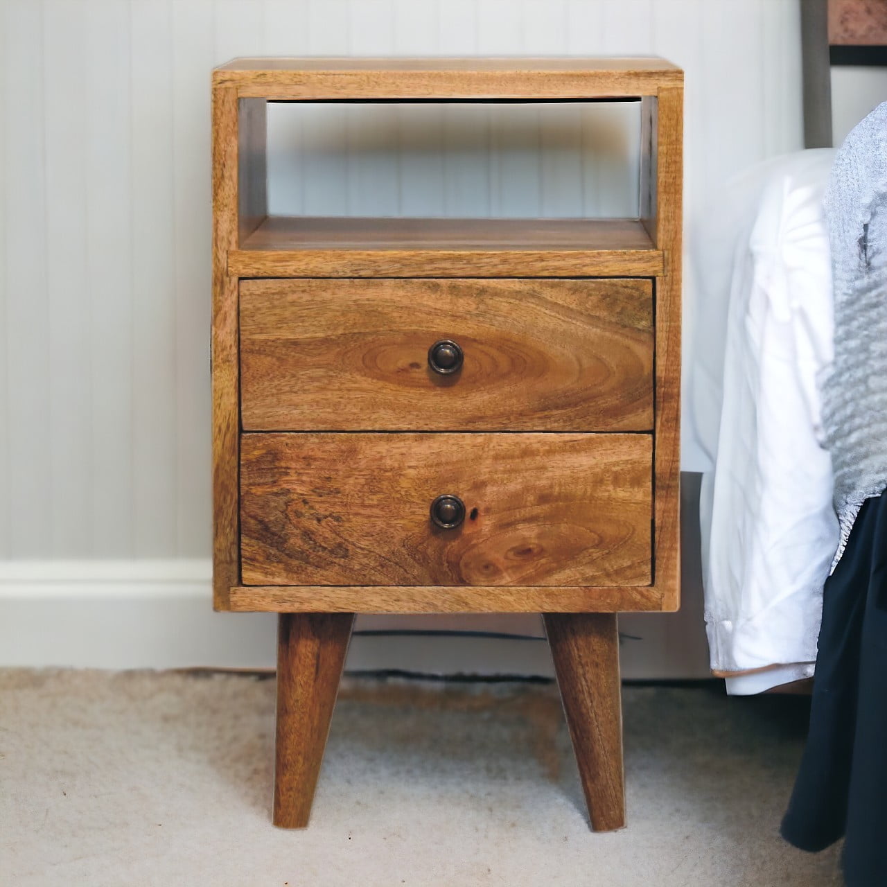 Mini Oak-ish Classic Open Bedside Table with Drawers, 100% Solid Mango Wood
