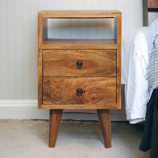 Mini Oak-ish Classic Open Bedside Table with Drawers, 100% Solid Mango Wood