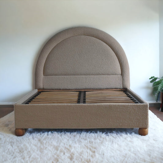 Cream Boucle Double Bed. Solid Mango Wood