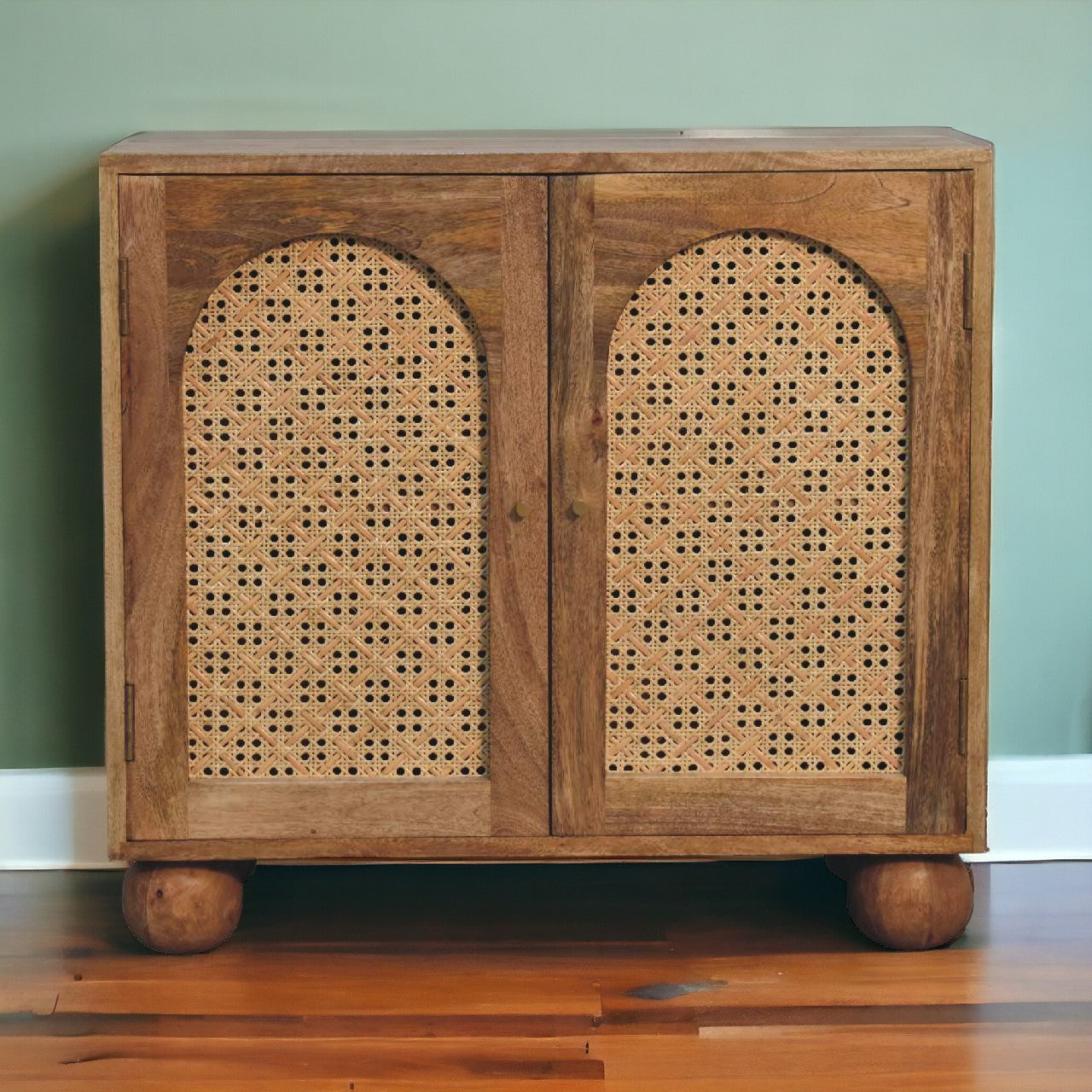 Rattan Ball Cabinet Mango Wood Construction.